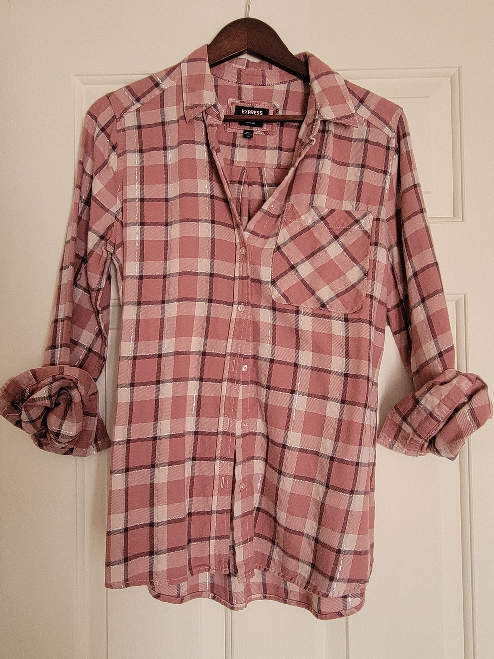 Express Pink Plaid Button-Up Shirt